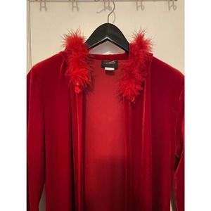Vintage Red Velvet Duster with Hoodie trimmed in Marabou